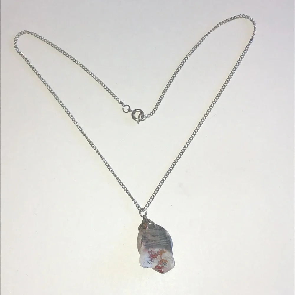 Silver Tone Chain Necklace with Irregular White and Peach Stone Pendant - Picture 4 of 6